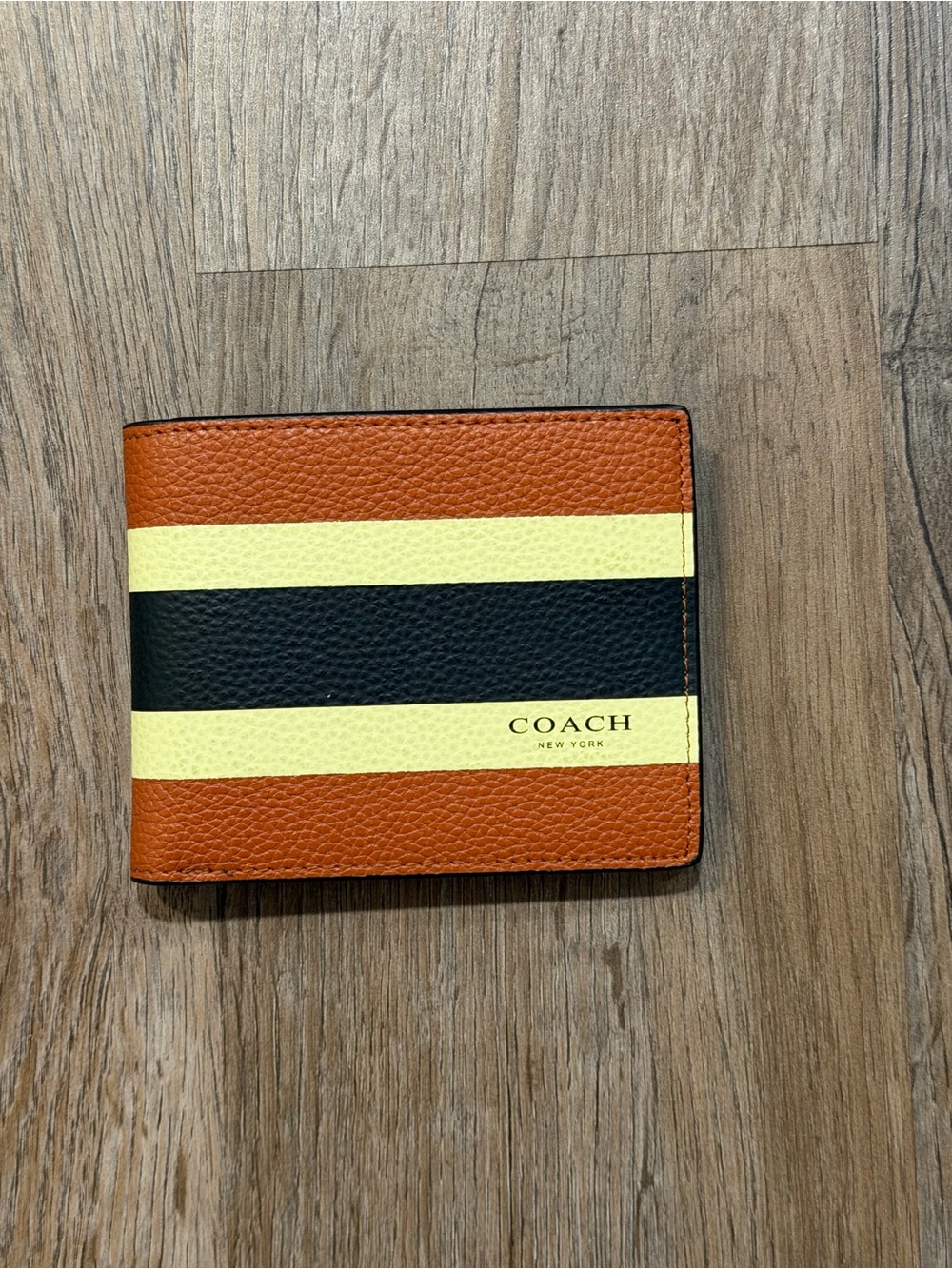 COACH Men’s Striped Leather Bifold Wallet — Brown/Black/Cream